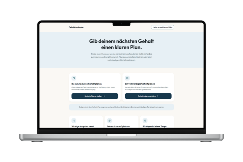 Dein Gehaltsplan auf einem Laptop: verfügbares Geld, Rechnungen, Rücklagen und sicher verfügbare Ausgaben